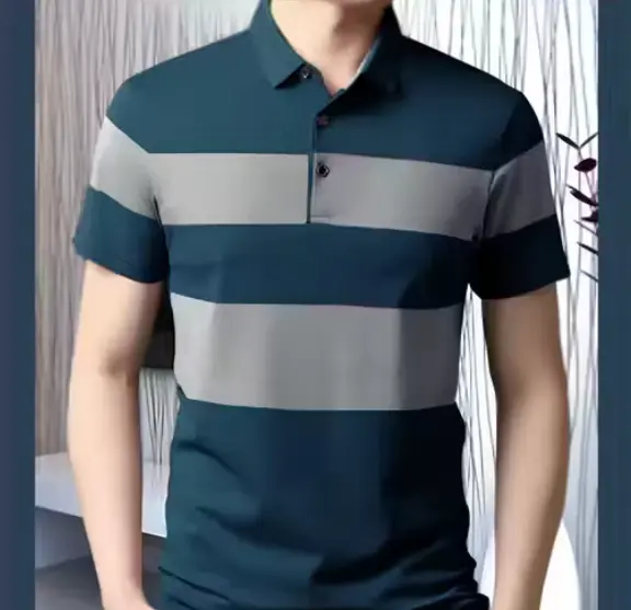 T-SHIRT Men Checkered-Solid Polo Neck, Blue & Grey Polyester T-Shirt (S)
